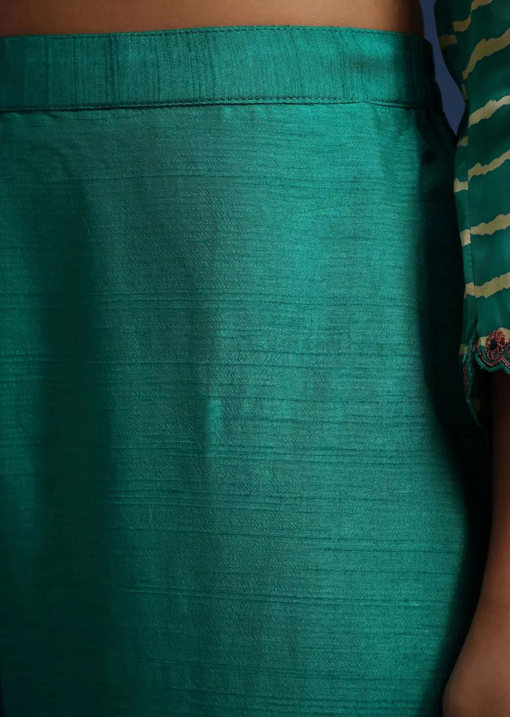 Aqua Green Raw Silk Embroidered Kurta Ensemble With Leheriya Print Panel Outfit