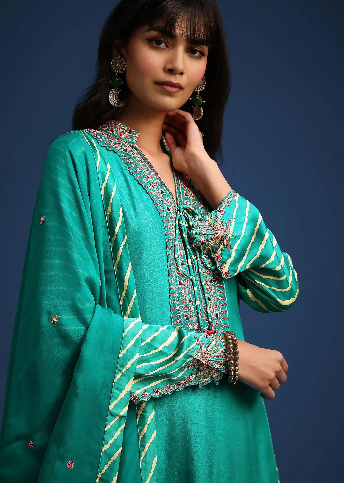 Aqua Green Raw Silk Handcrafted Tunic Ensemble Featuring Leheriya Print Panel