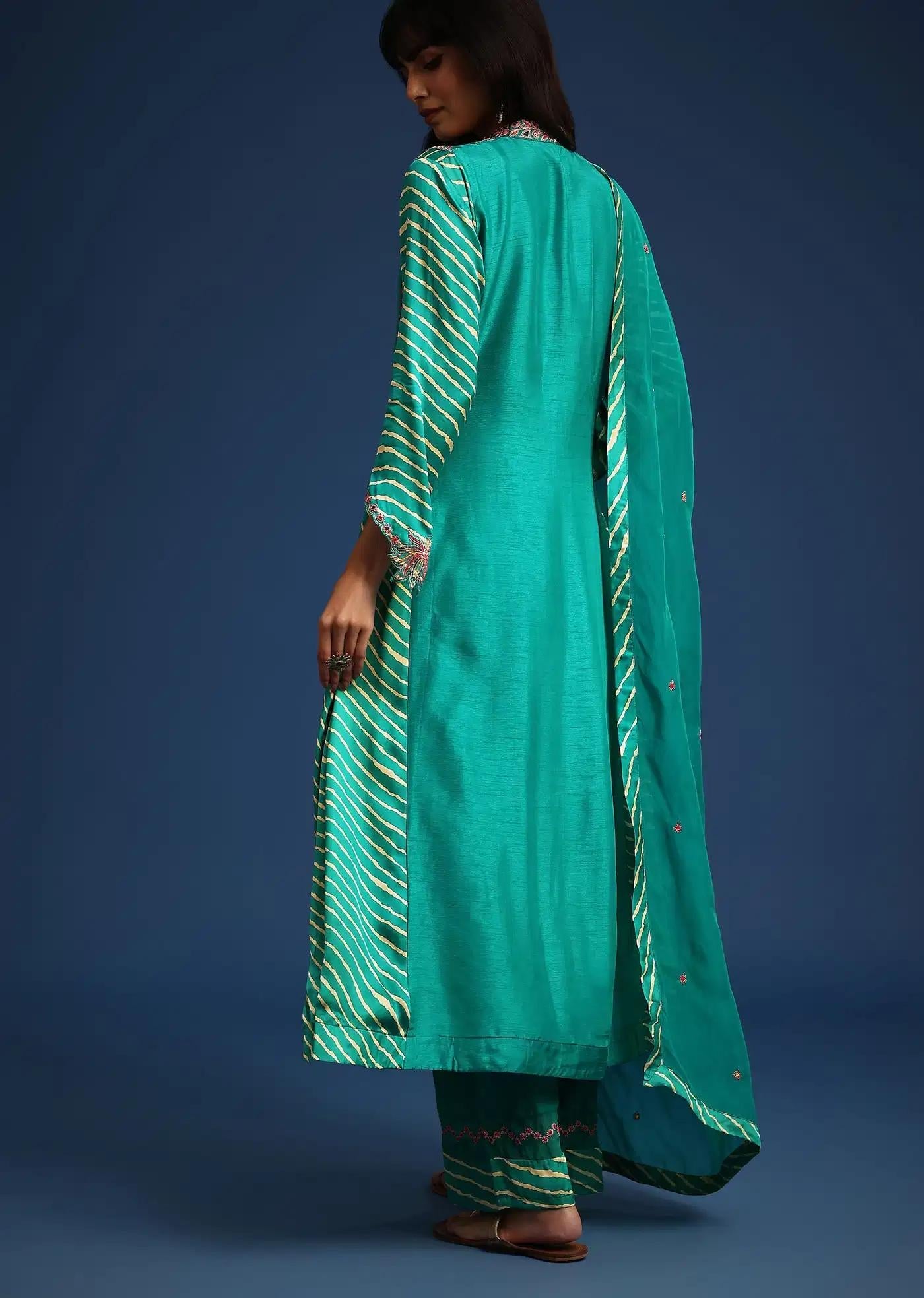 Aqua Green Raw Silk Handcrafted Tunic Ensemble Featuring Leheriya Print Panel
