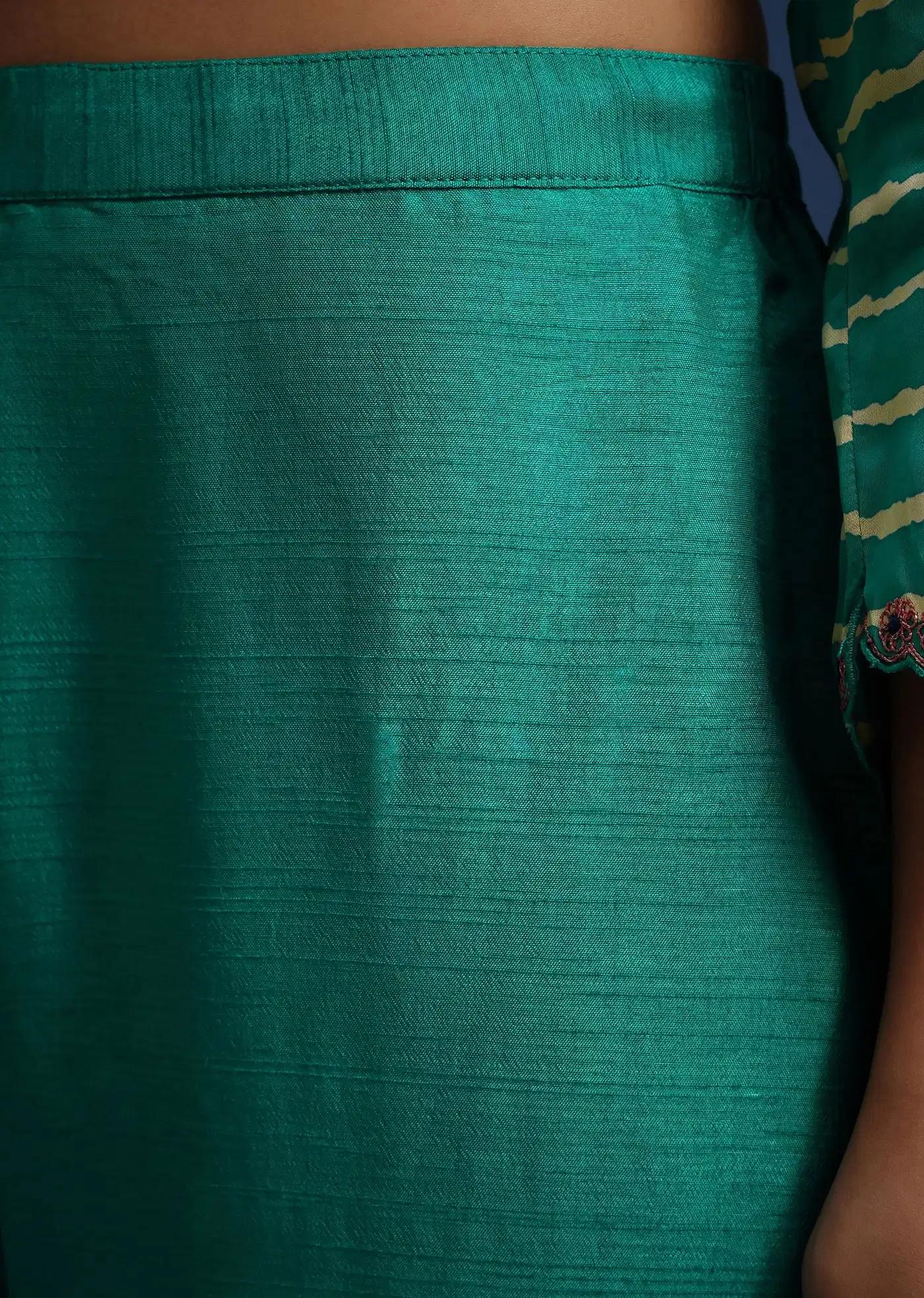 Aqua Green Raw Silk Handcrafted Tunic Ensemble Featuring Leheriya Print Panel