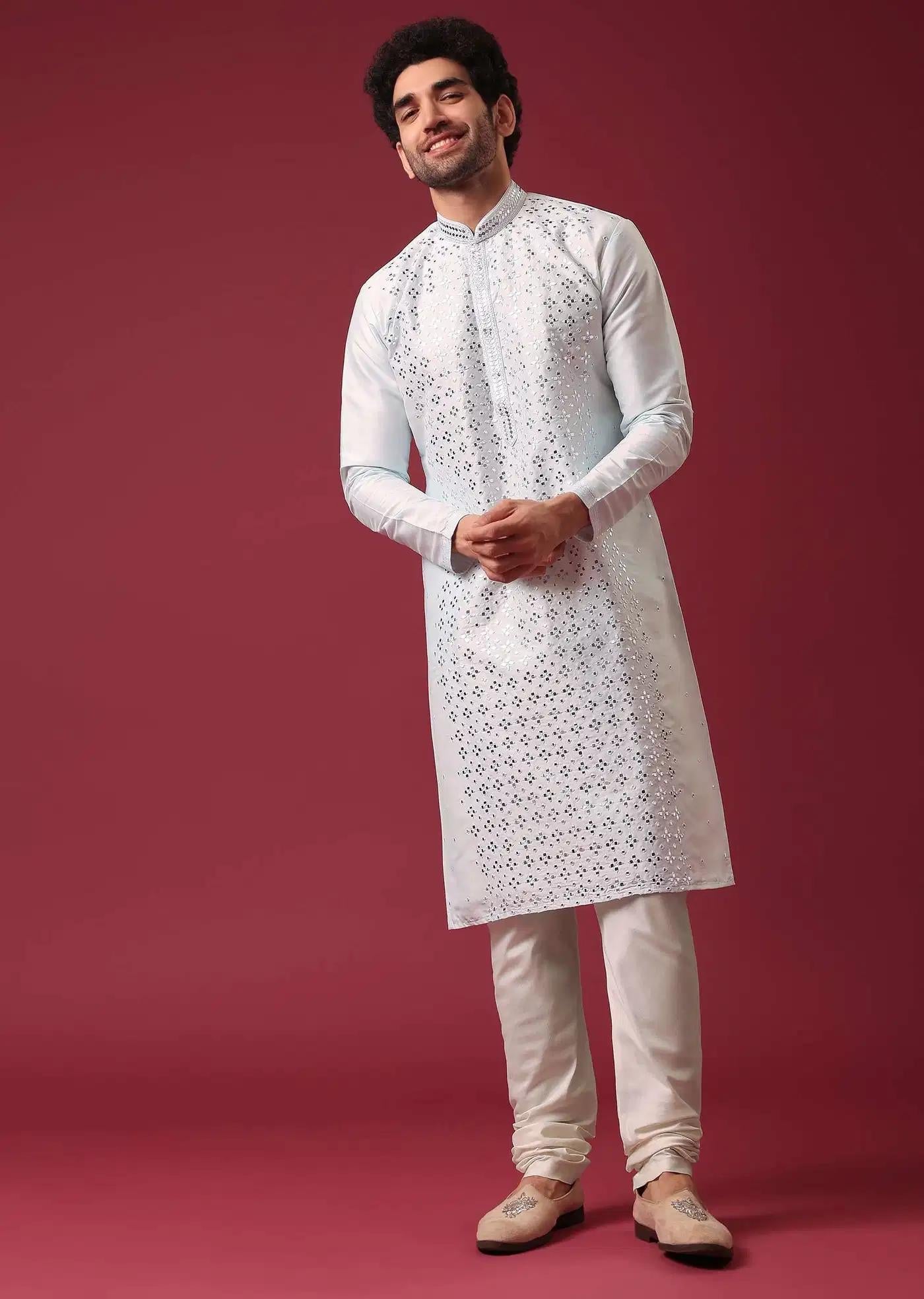 Aquatic Blue Kurta Set In Silk With Mirror Work Elegant Designer Kurta Sets