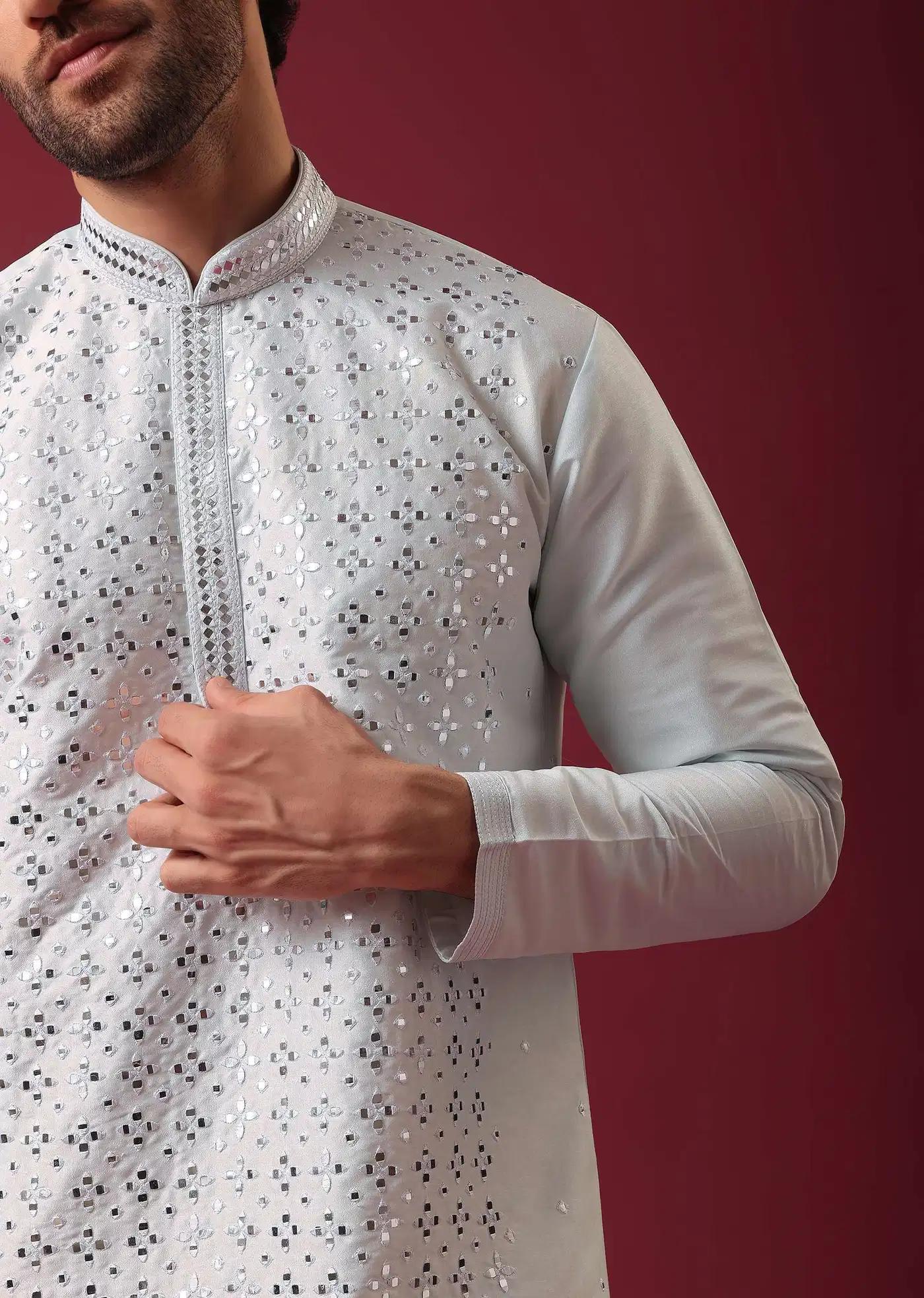 Aquatic Blue Kurta Set In Silk With Mirror Work Elegant Designer Kurta Sets