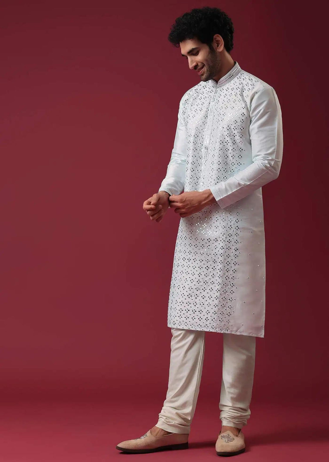 Aquatic Blue Kurta Set In Silk With Mirror Work Elegant Designer Kurta Sets
