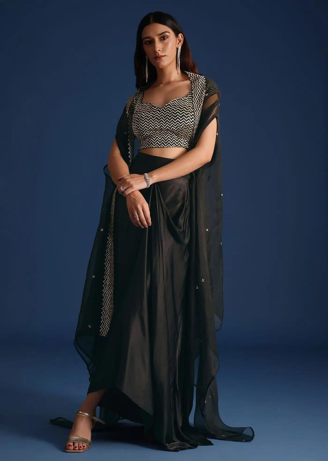 Asymmetric Jacket And Skirt Set With Cutdana Crop Top In Black