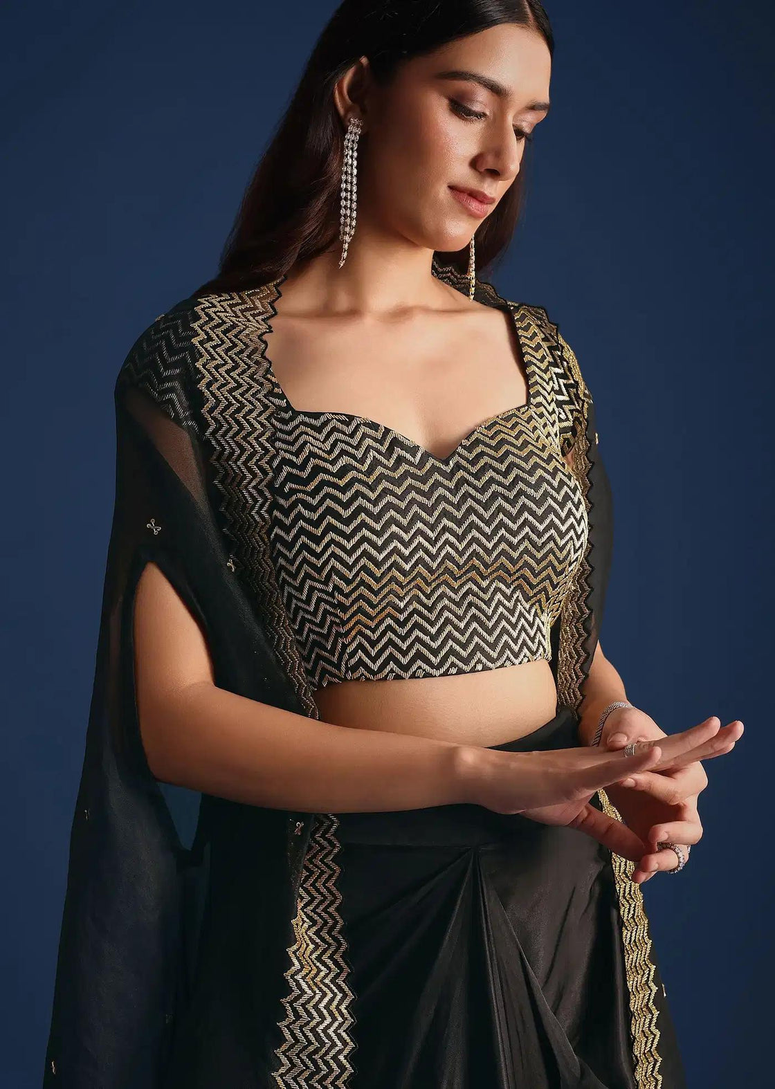 Asymmetric Jacket And Skirt Set With Cutdana Crop Top In Black