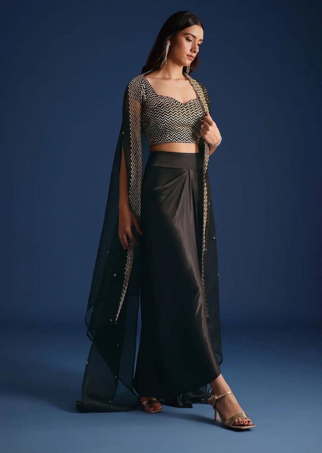 Asymmetric Jacket And Skirt Set With Cutdana Crop Top In Black