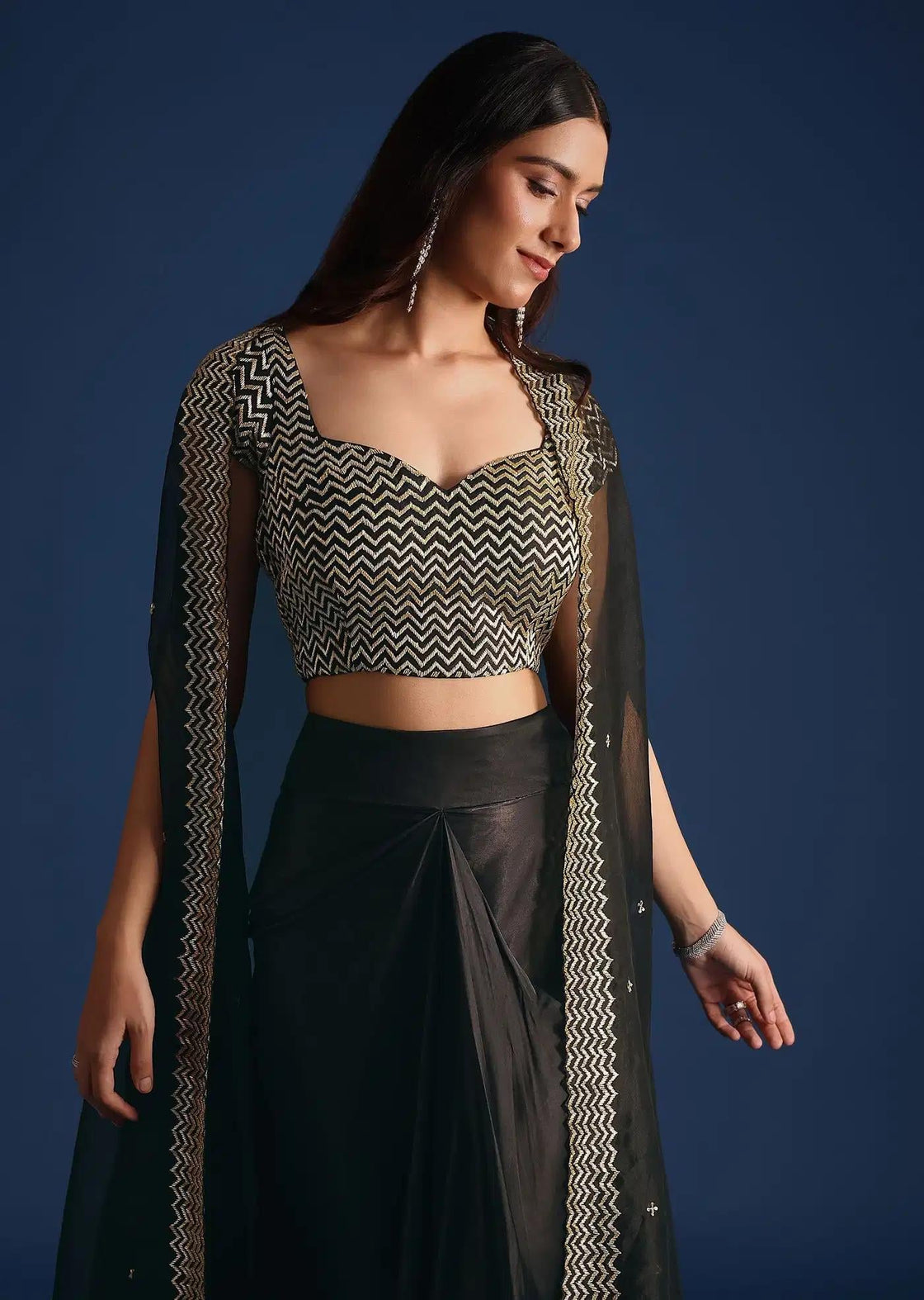 Asymmetric Jacket And Skirt Set With Cutdana Crop Top In Black
