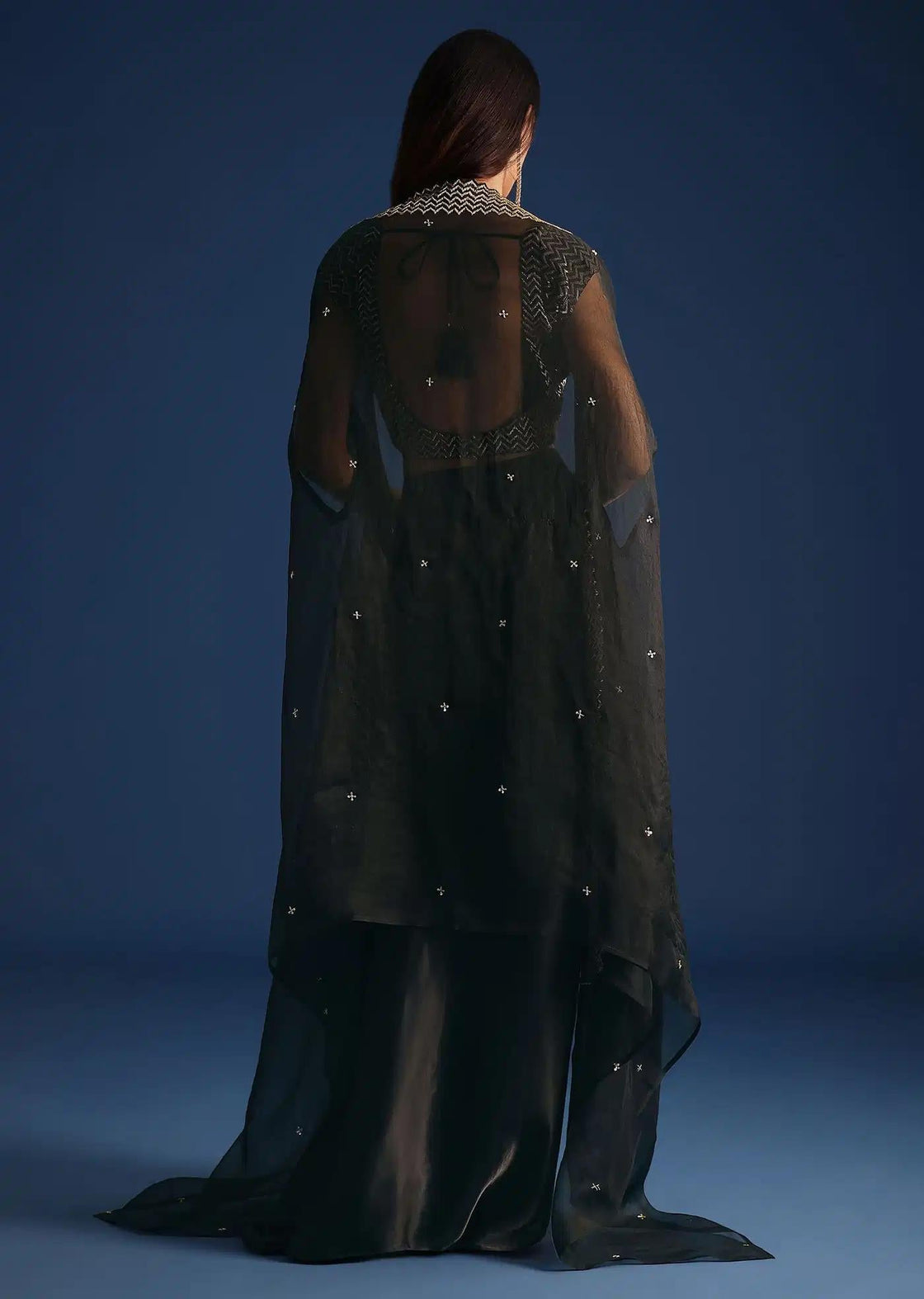 Asymmetric Jacket And Skirt Set With Cutdana Crop Top In Black