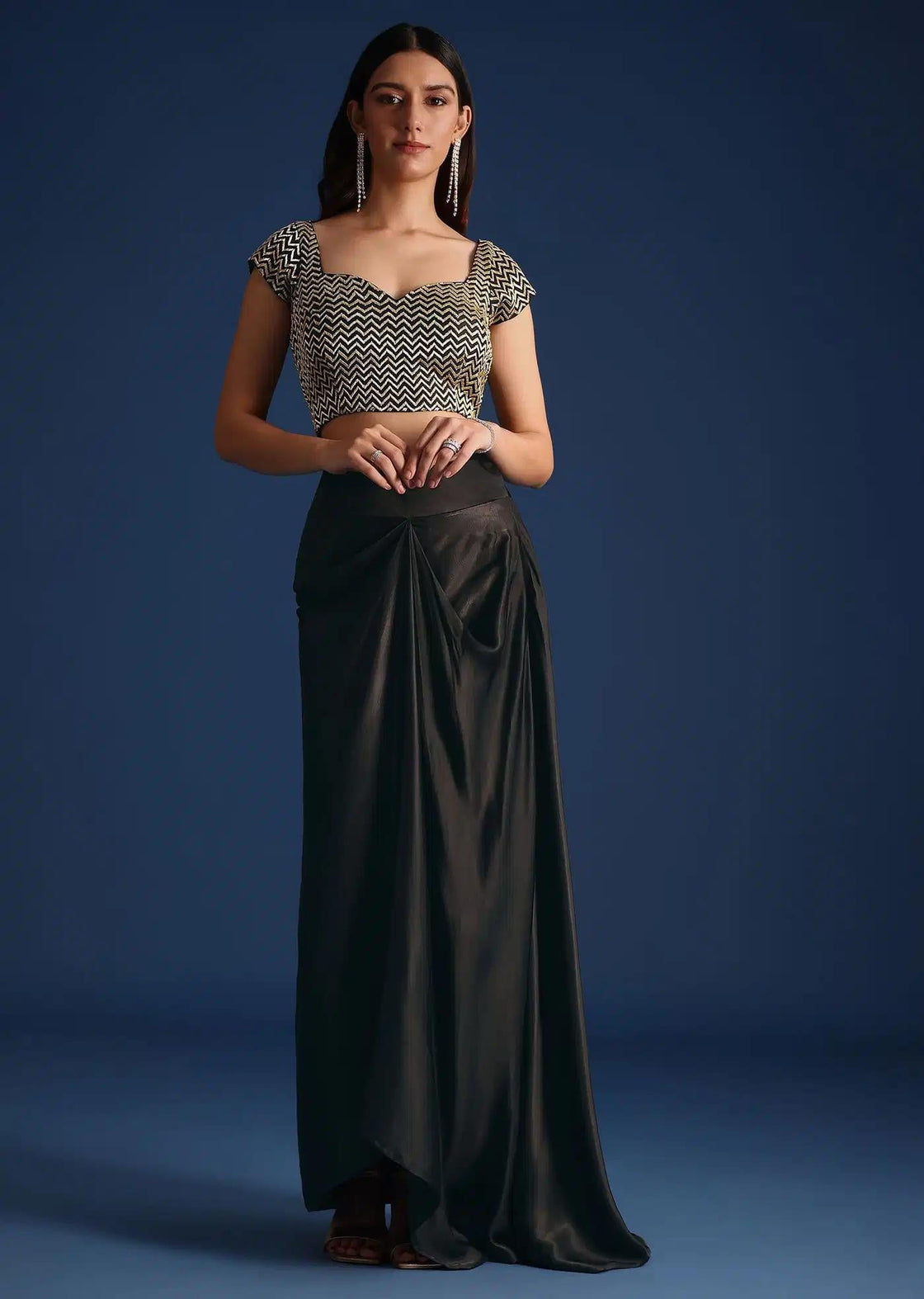 Asymmetric Jacket And Skirt Set With Cutdana Crop Top In Black