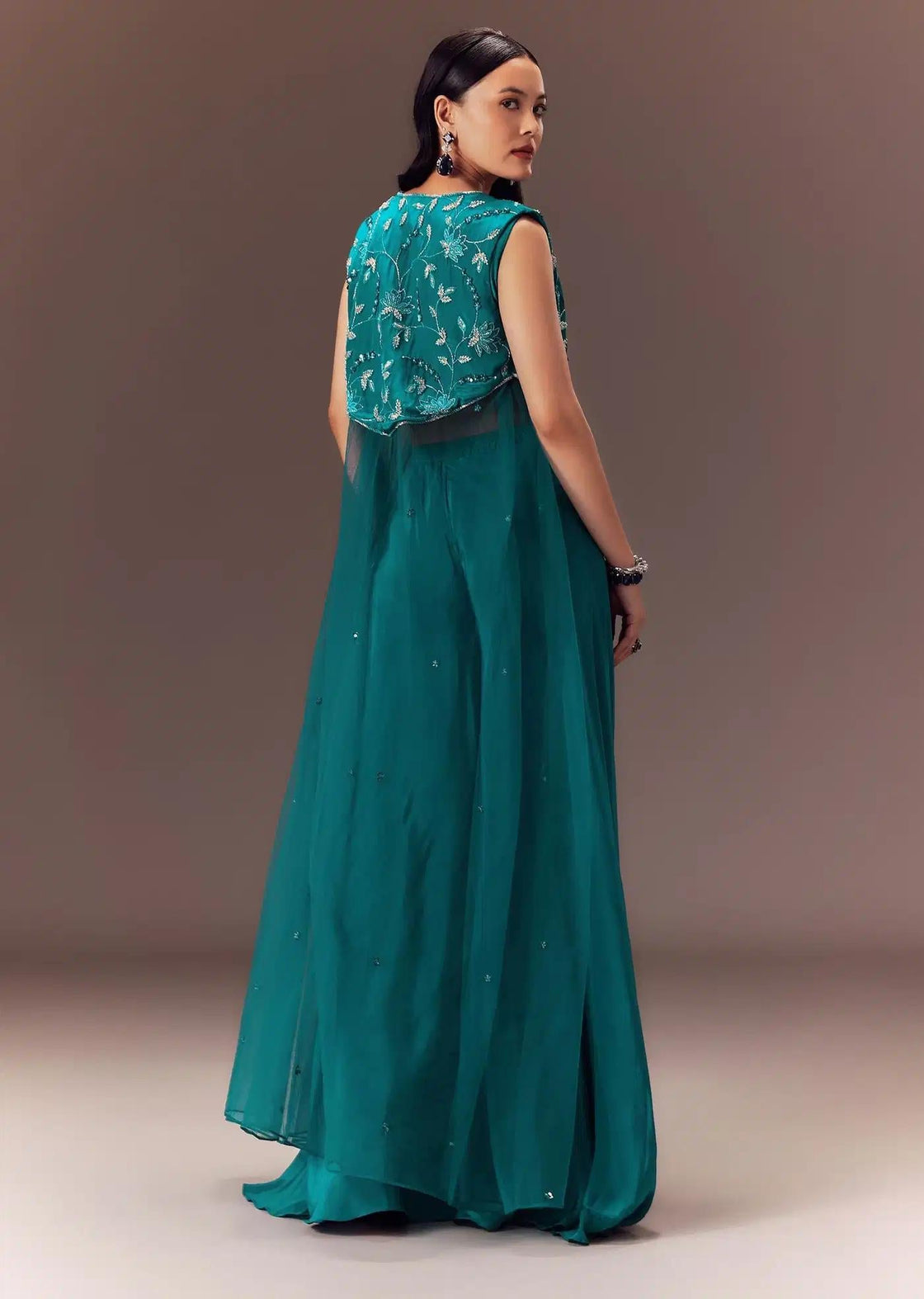 Asymmetric Jacket In Blue With Embroidered Blouse And Pants