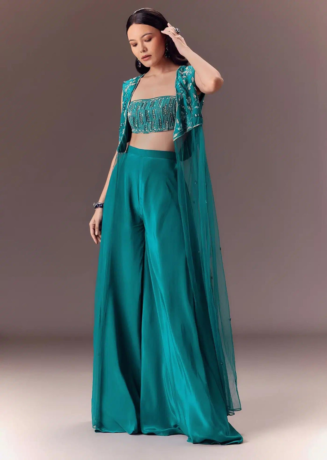 Asymmetric Jacket In Blue With Embroidered Blouse And Pants
