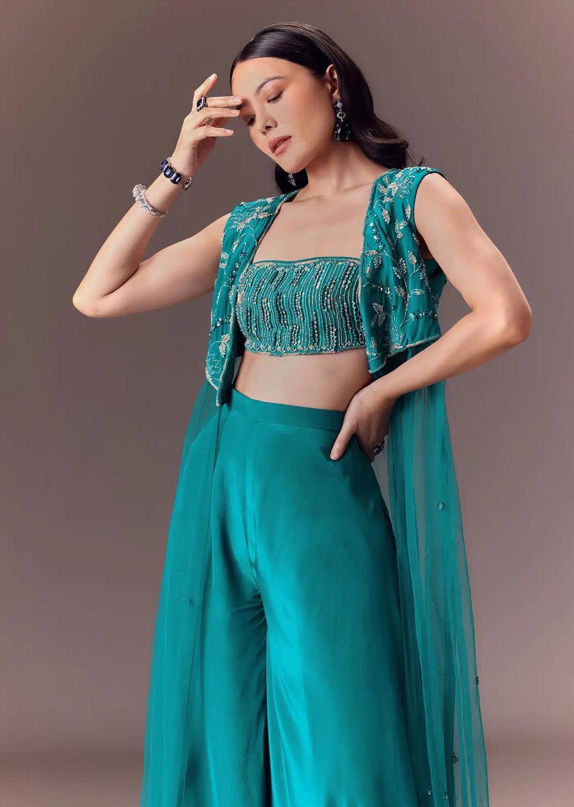 Asymmetric Jacket In Blue With Embroidered Blouse And Pants