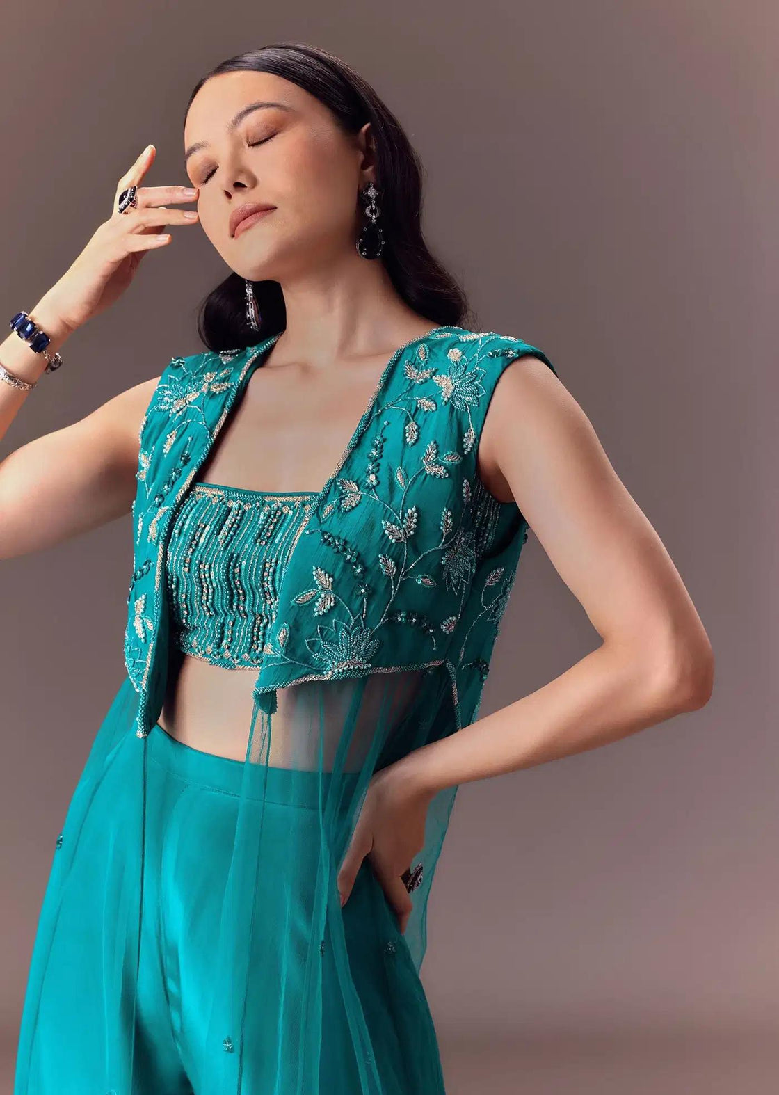 Asymmetric Jacket In Blue With Embroidered Blouse And Pants