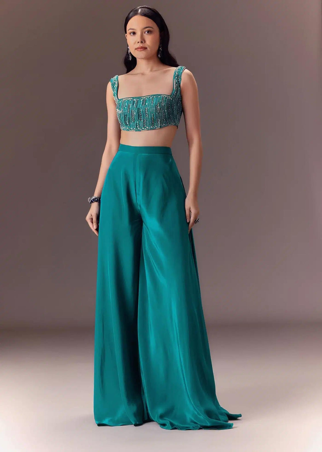 Asymmetric Jacket In Blue With Embroidered Blouse And Pants