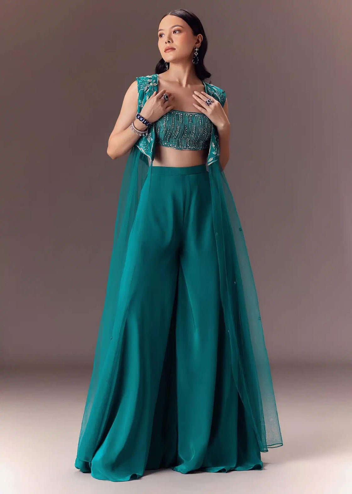 Asymmetric Jacket In Blue With Embroidered Blouse And Pants