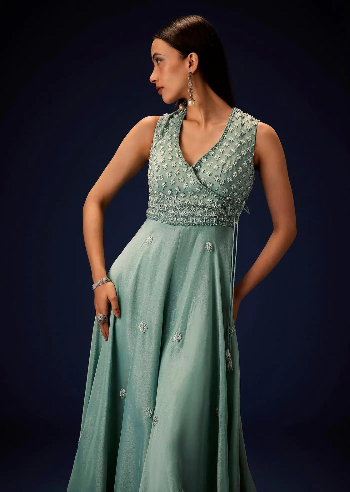 Azure Blue Layered Organza Jumpsuit With Hand Embroidery
