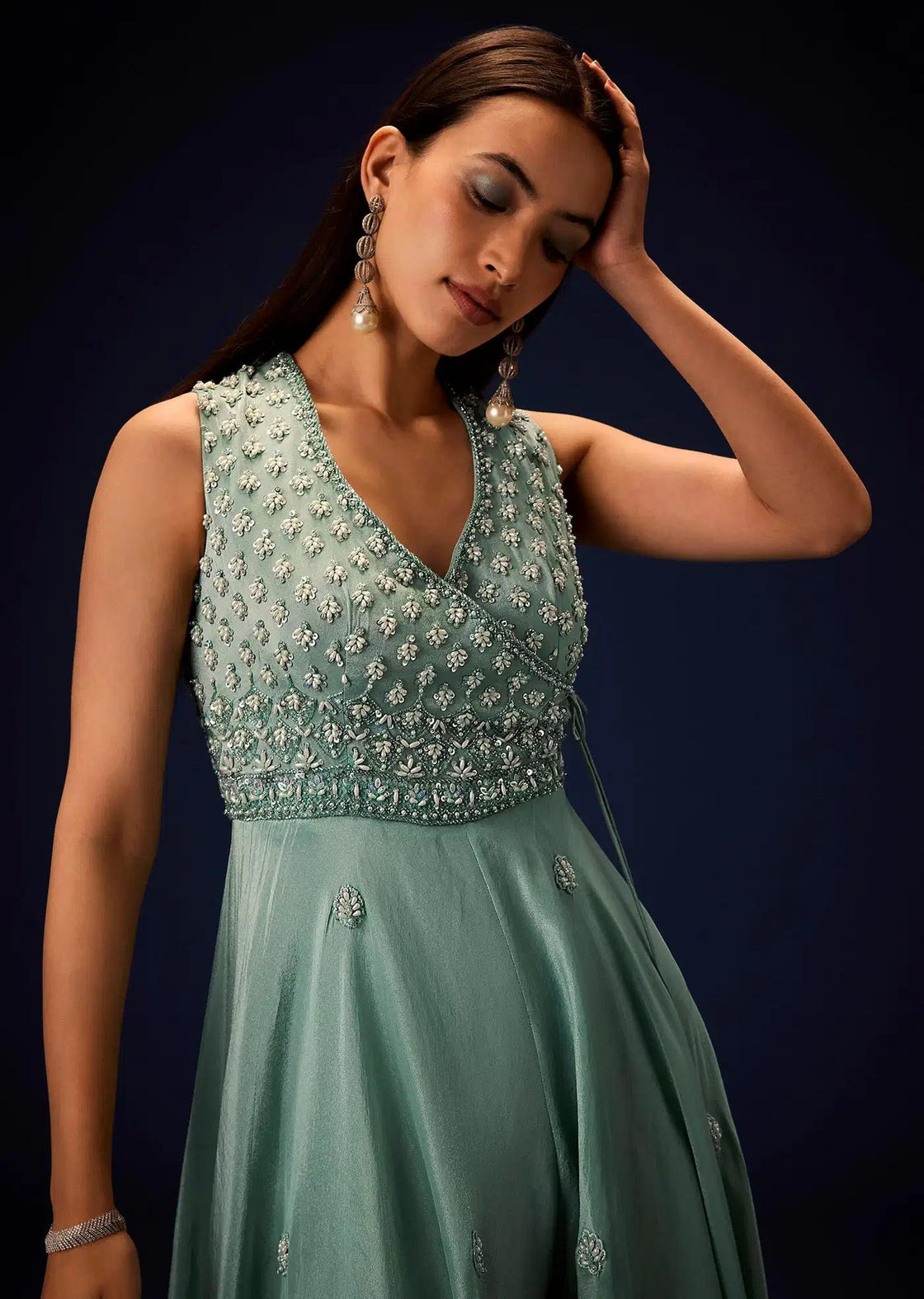 Azure Blue Layered Organza Jumpsuit With Hand Embroidery