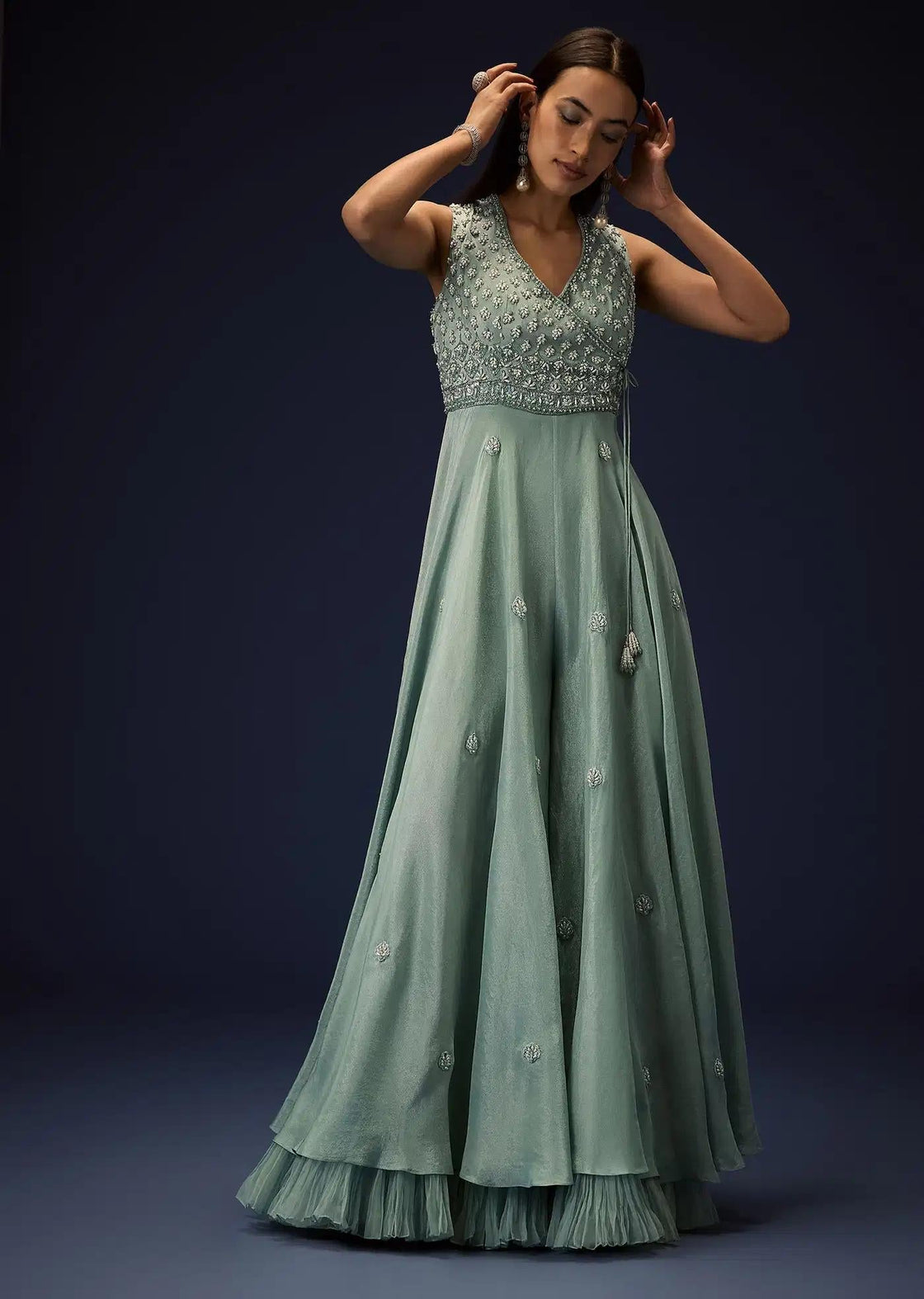 Azure Blue Layered Organza Jumpsuit With Hand Embroidery
