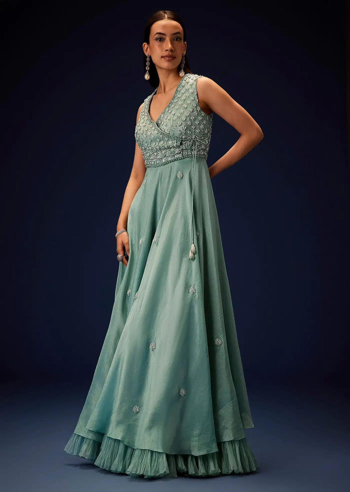 Azure Blue Layered Organza Jumpsuit With Hand Embroidery