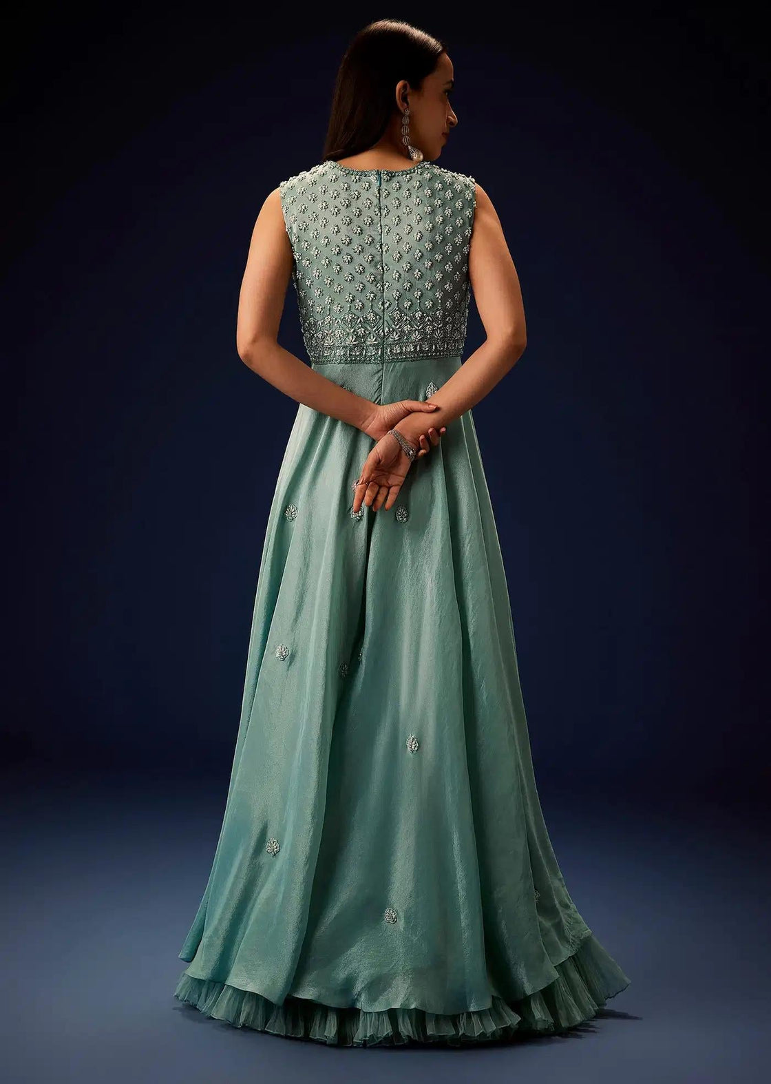 Azure Blue Layered Organza Jumpsuit With Hand Embroidery