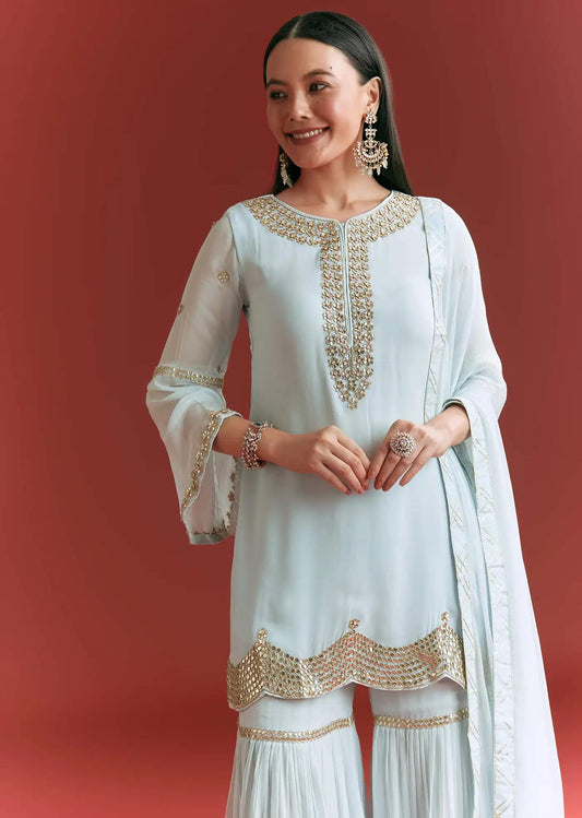 Baby Blue Georgette Tunic Sharara Trousers Outfit Featuring Gotta Lace Moti Detailing