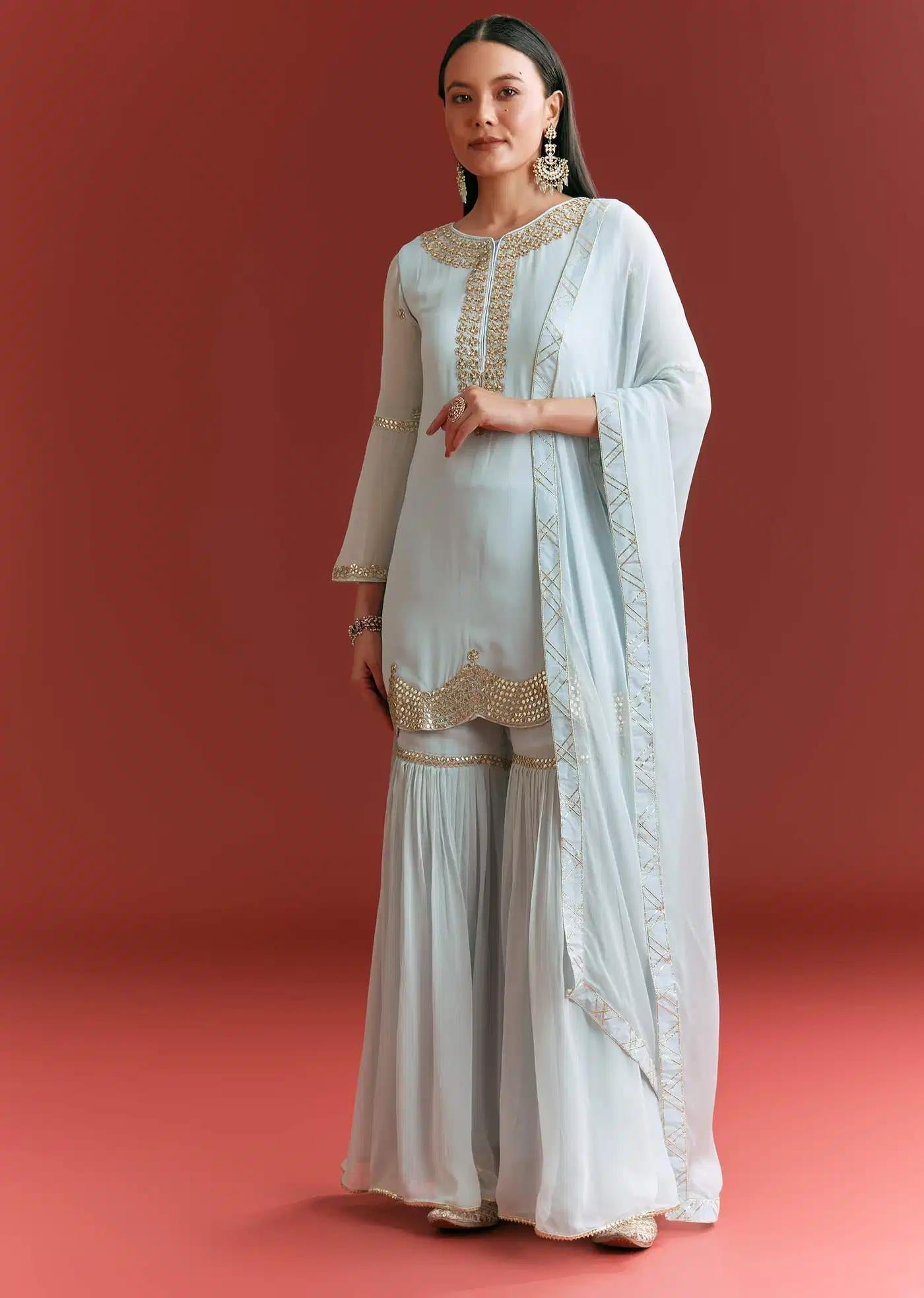 Baby Blue Georgette Tunic Sharara Trousers Outfit Featuring Gotta Lace Moti Detailing