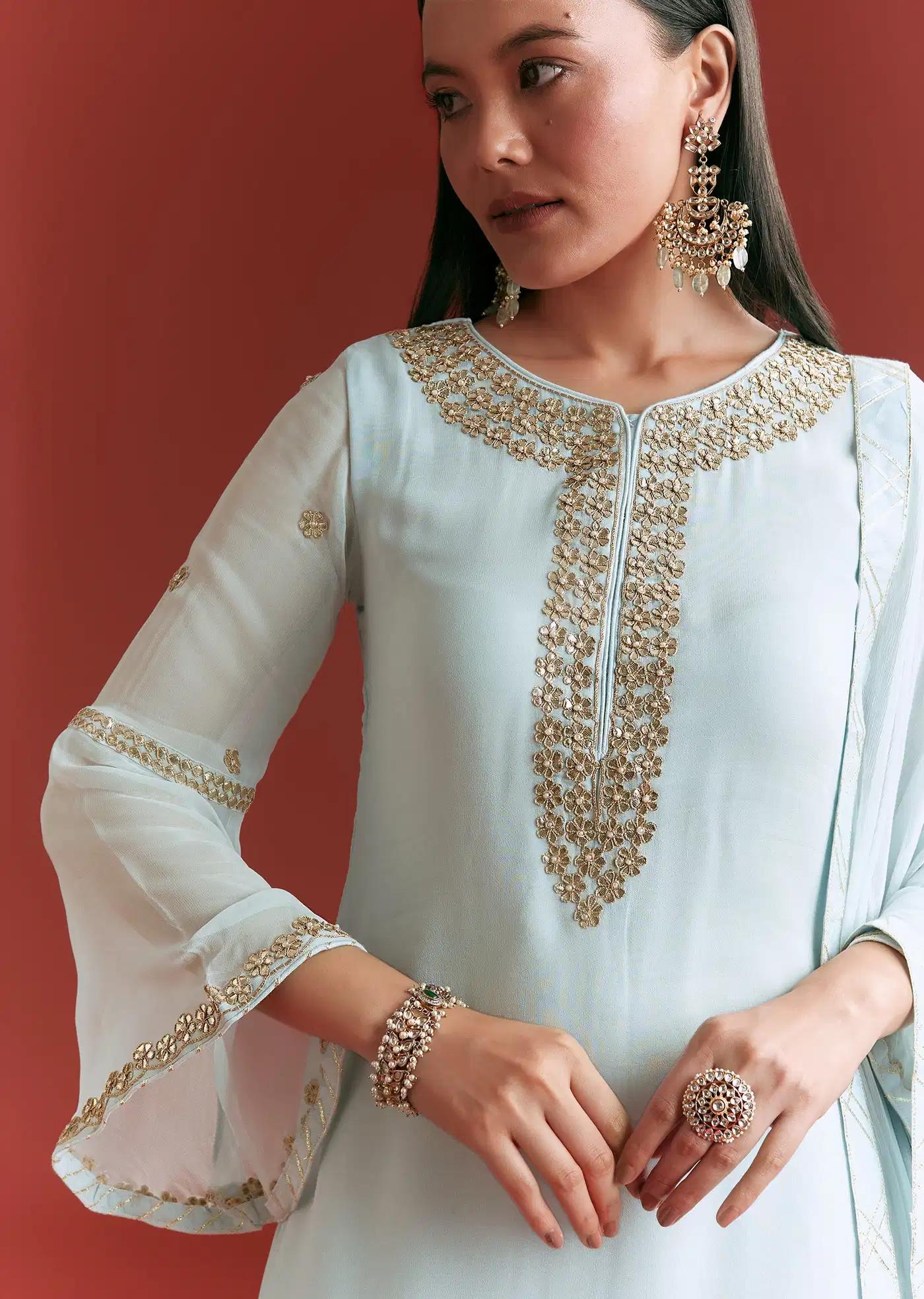 Baby Blue Georgette Tunic Sharara Trousers Outfit Featuring Gotta Lace Moti Detailing