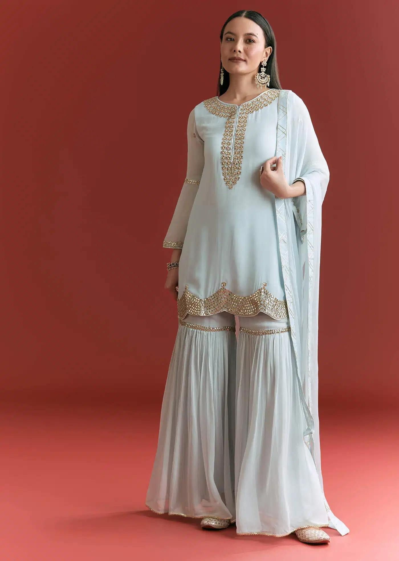 Baby Blue Georgette Tunic Sharara Trousers Outfit Featuring Gotta Lace Moti Detailing
