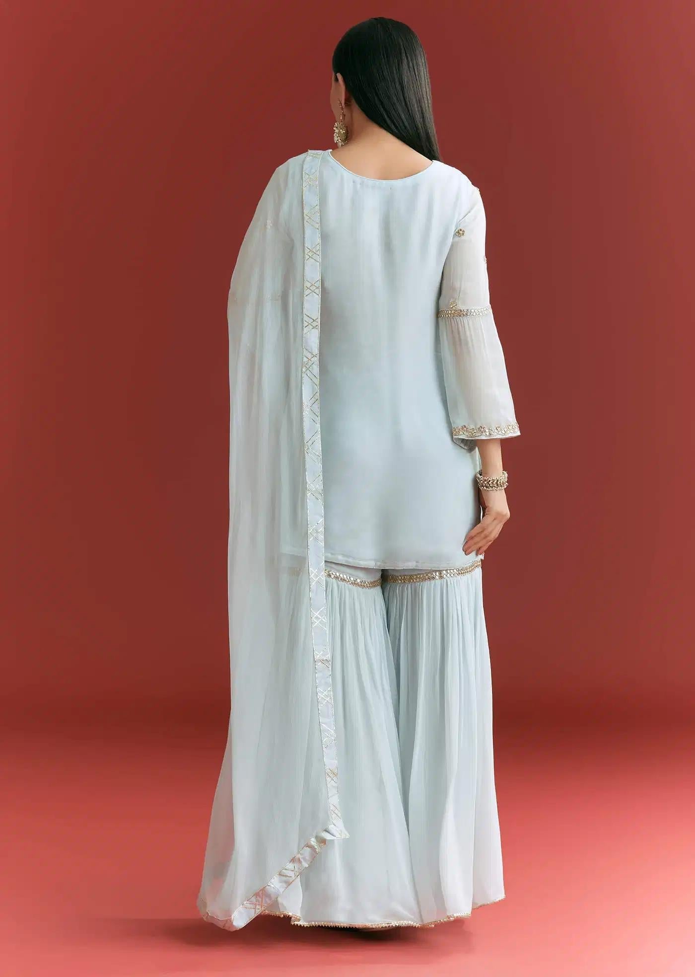 Baby Blue Georgette Tunic Sharara Trousers Outfit Featuring Gotta Lace Moti Detailing