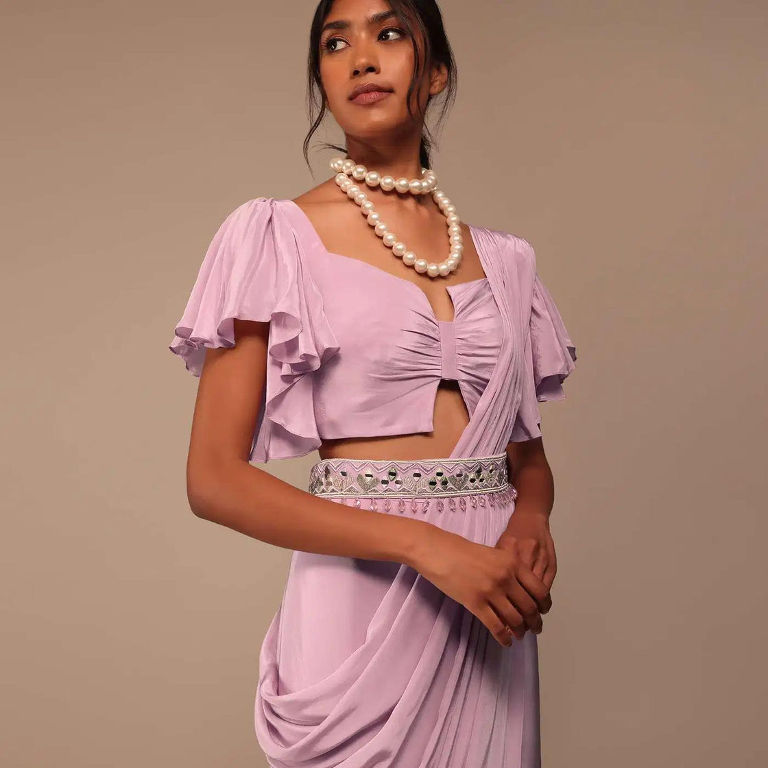 Baby Pink Crepe Saree With Bow Blouse And Waist Belt