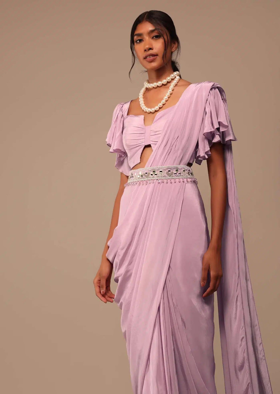 Baby Pink Crepe Saree With Bow Blouse And Waist Belt