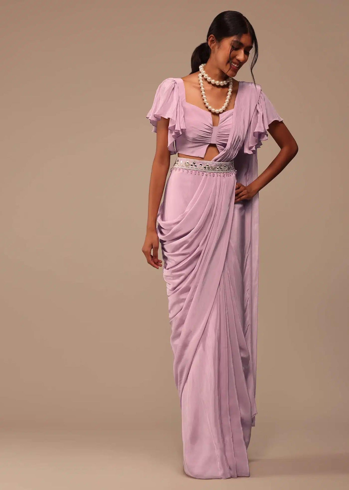 Baby Pink Crepe Saree With Bow Blouse And Waist Belt