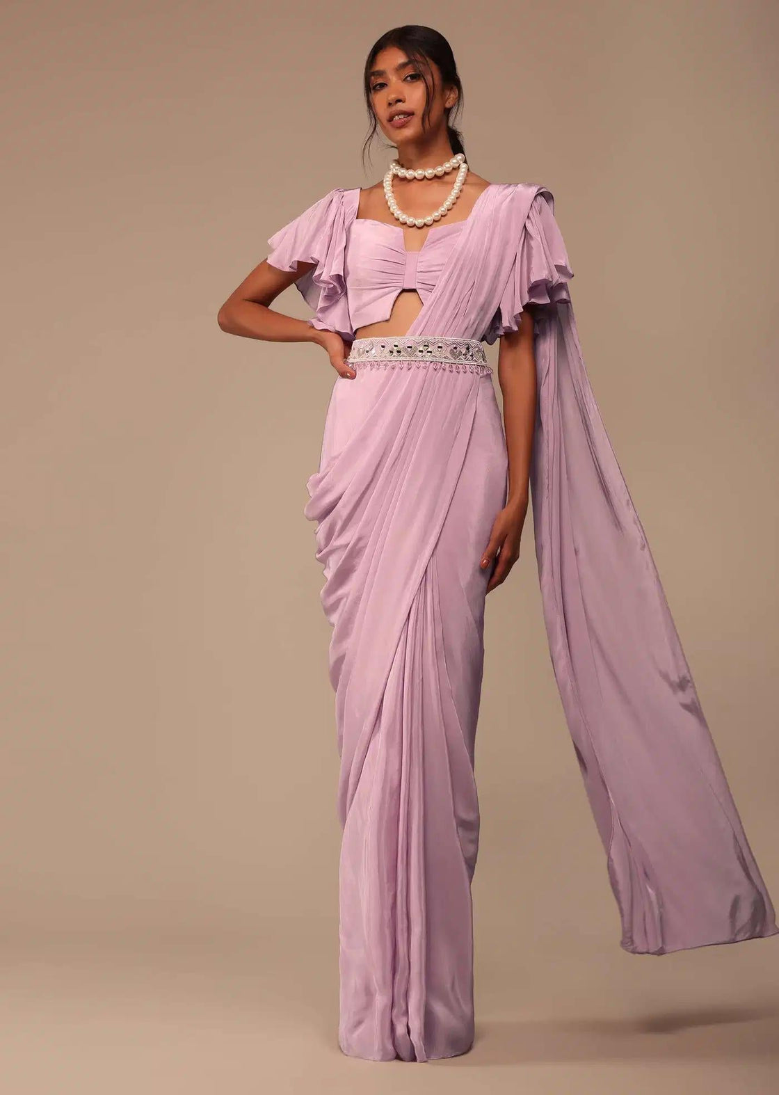 Baby Pink Crepe Saree With Bow Blouse And Waist Belt