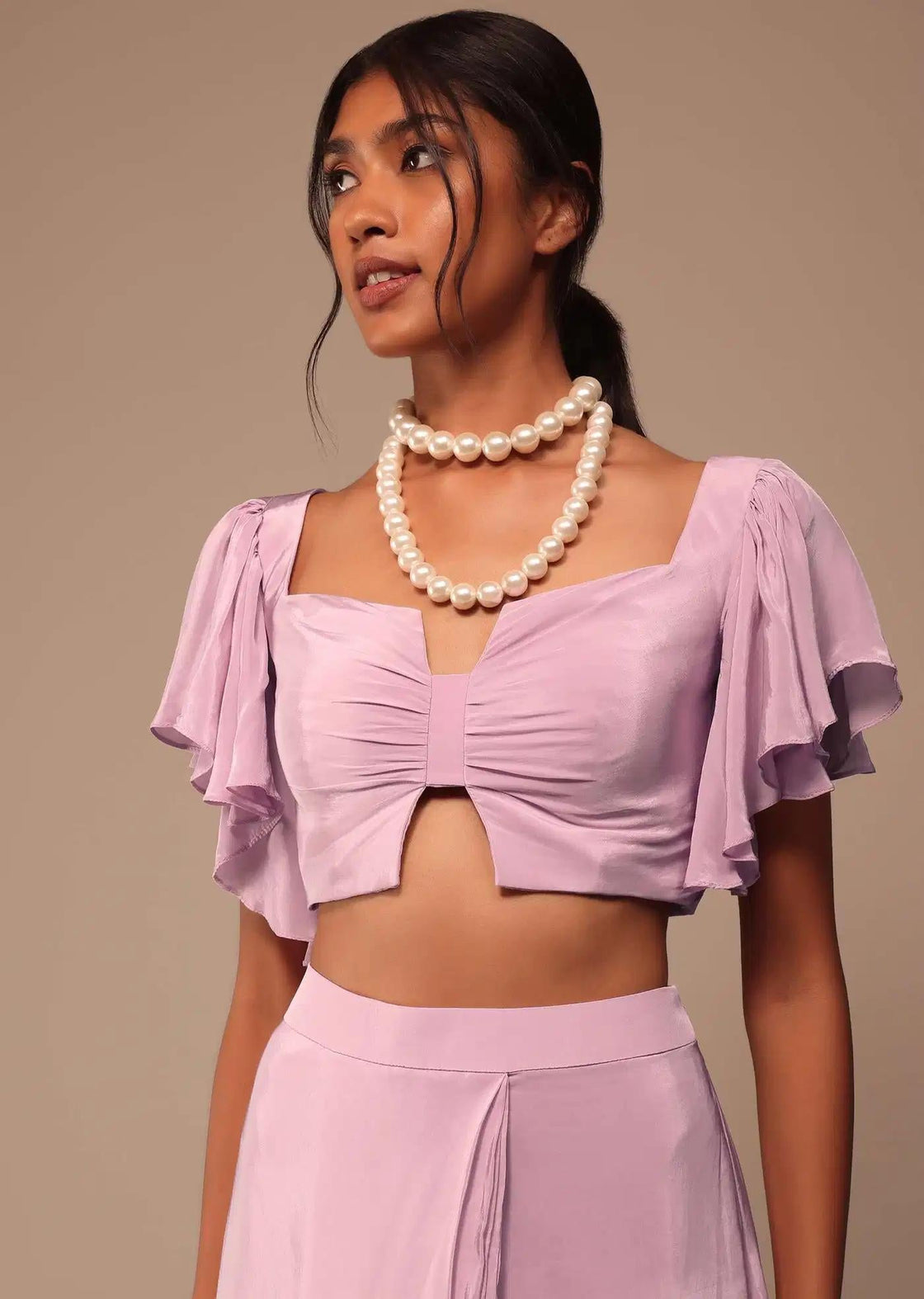 Baby Pink Crepe Saree With Bow Blouse And Waist Belt