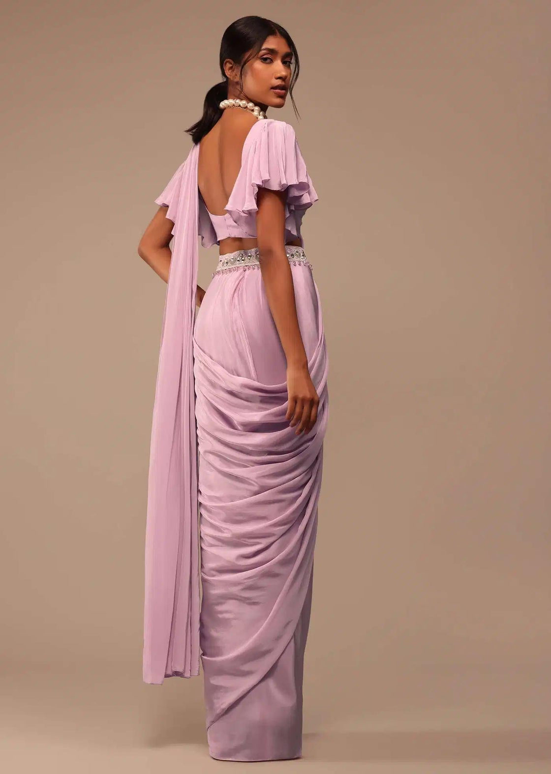 Baby Pink Crepe Saree With Bow Blouse And Waist Belt