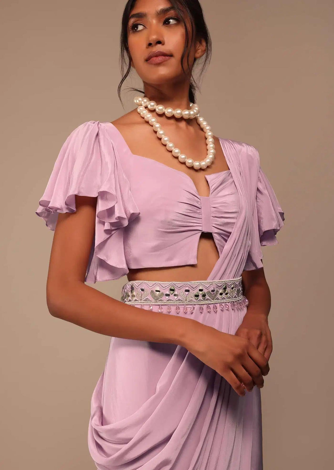 Baby Pink Crepe Saree With Bow Blouse And Waist Belt