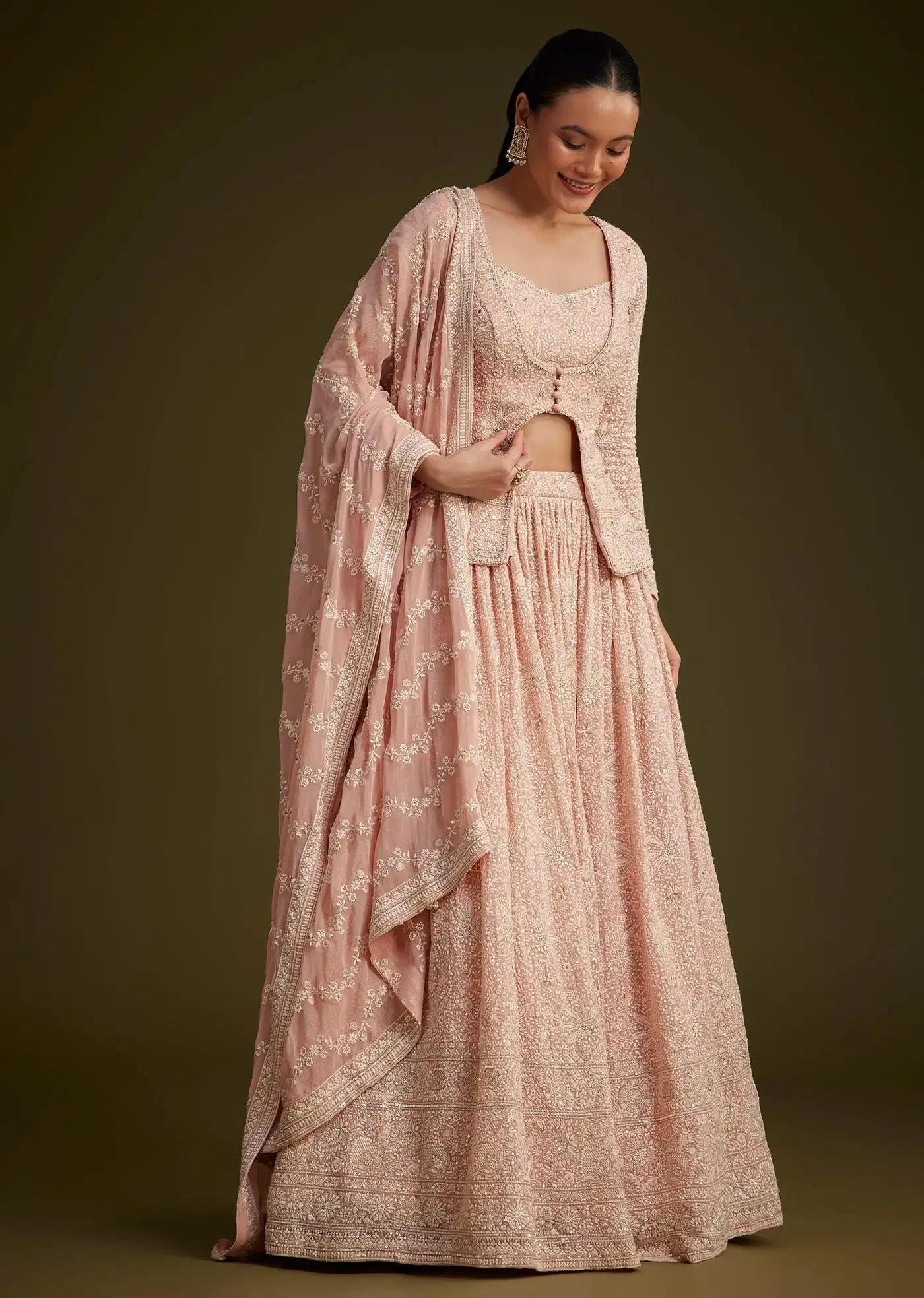 Baby Pink Georgette Lehenga Skirt Ensemble Featuring Lucknowi Mirror Work