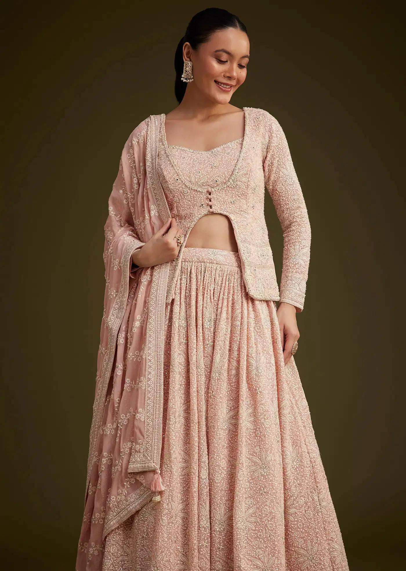 Baby Pink Georgette Lehenga Skirt Ensemble Featuring Lucknowi Mirror Work