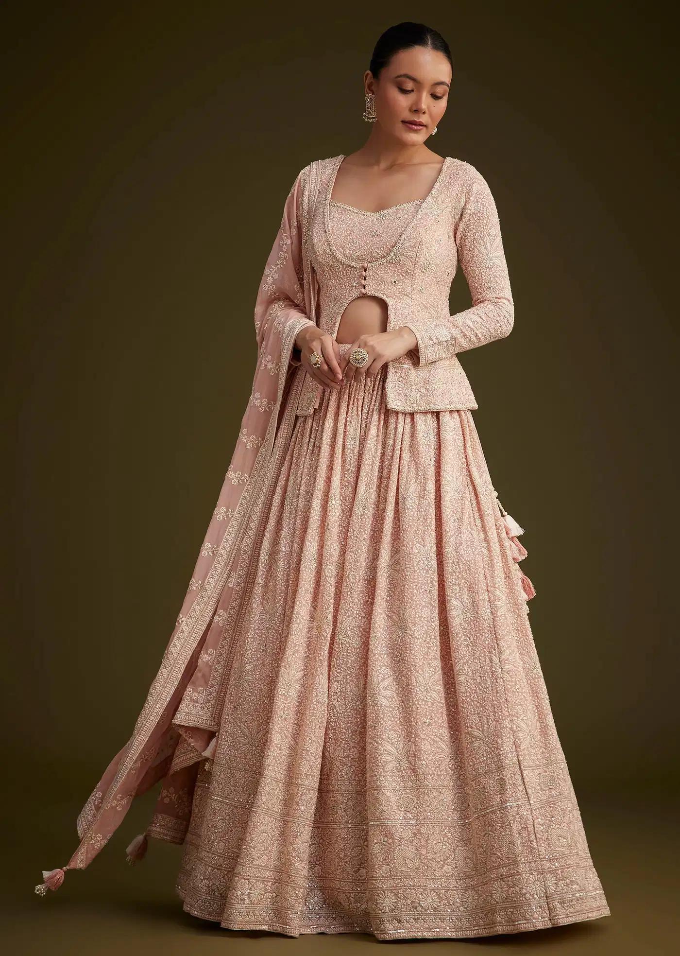 Baby Pink Georgette Lehenga Skirt Ensemble Featuring Lucknowi Mirror Work