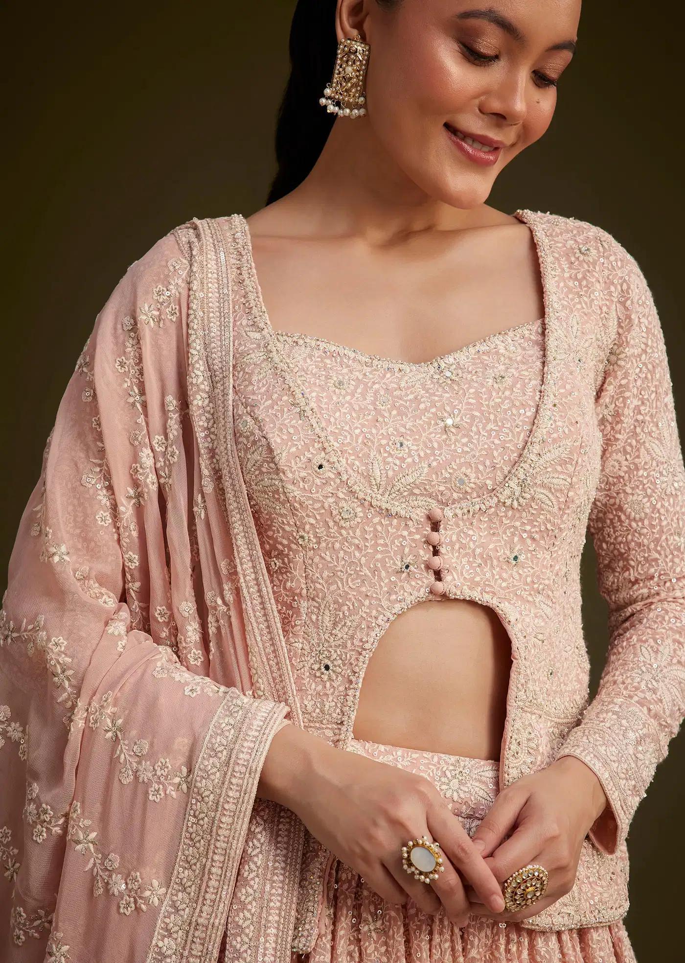 Baby Pink Georgette Lehenga Skirt Ensemble Featuring Lucknowi Mirror Work