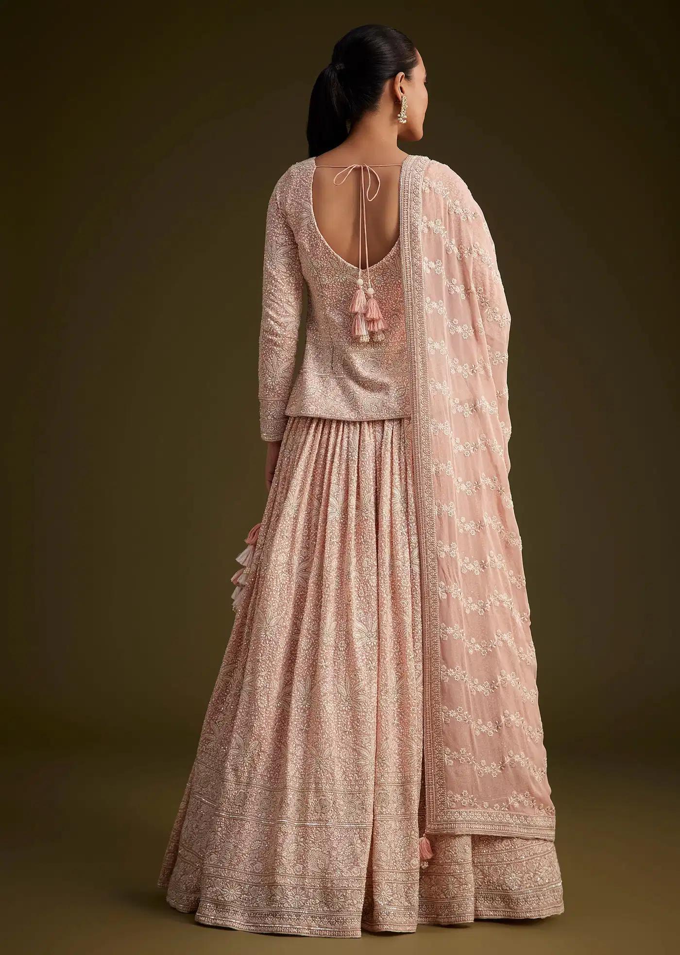 Baby Pink Georgette Lehenga Skirt Ensemble Featuring Lucknowi Mirror Work