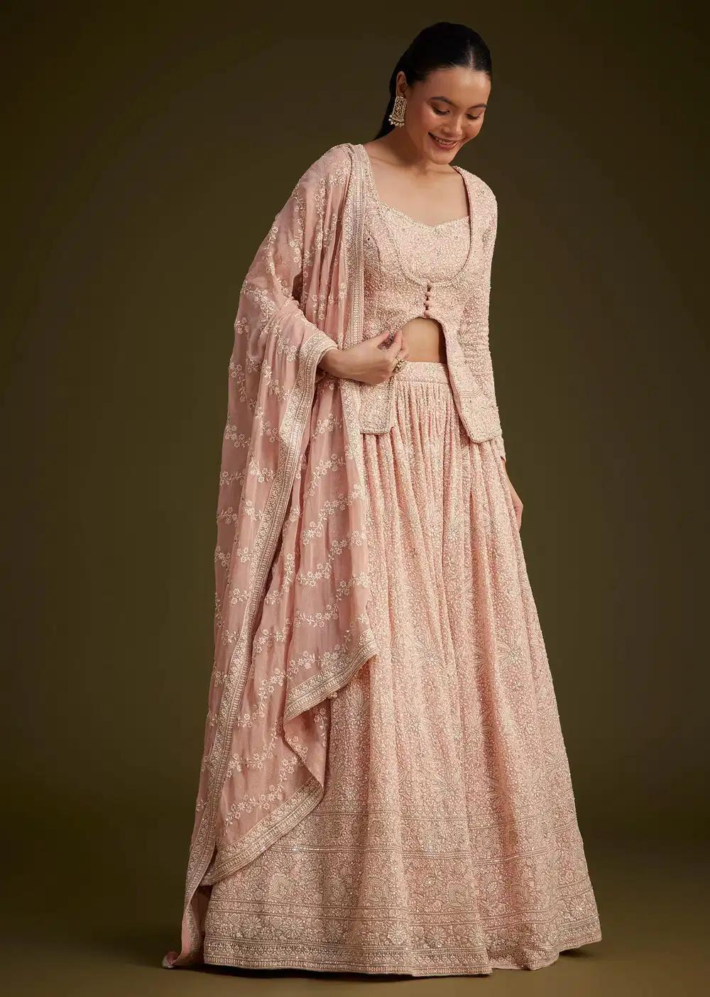 Baby Pink Georgette Lehenga Skirt Ensemble Featuring Lucknowi Mirror Work