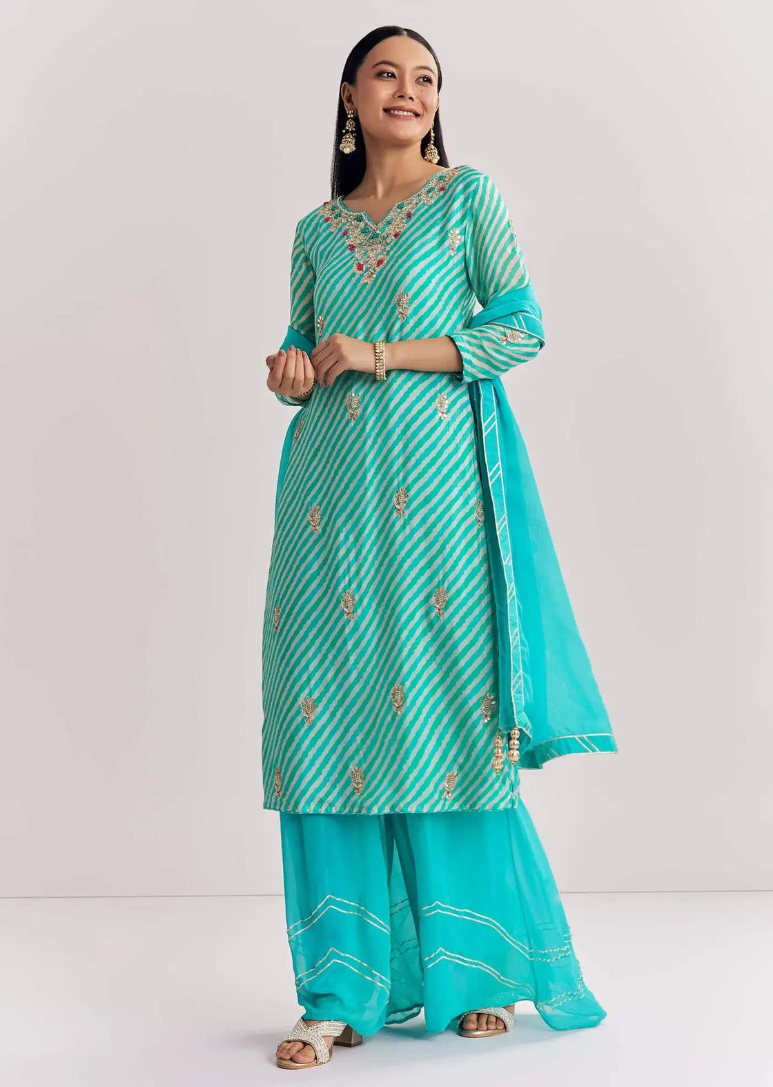 Baby Pink Georgette Tunic Palazzo Trousers Outfit Featuring Organza Drape Moti Detailing