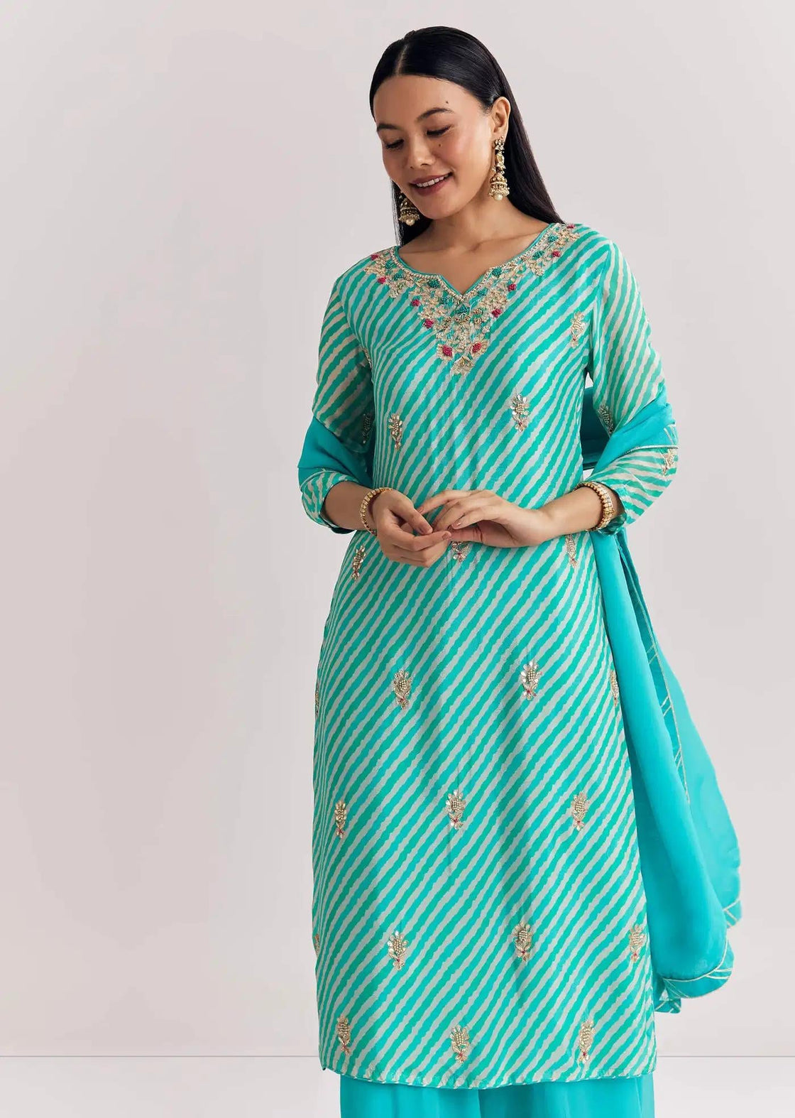Baby Pink Georgette Tunic Palazzo Trousers Outfit Featuring Organza Drape Moti Detailing