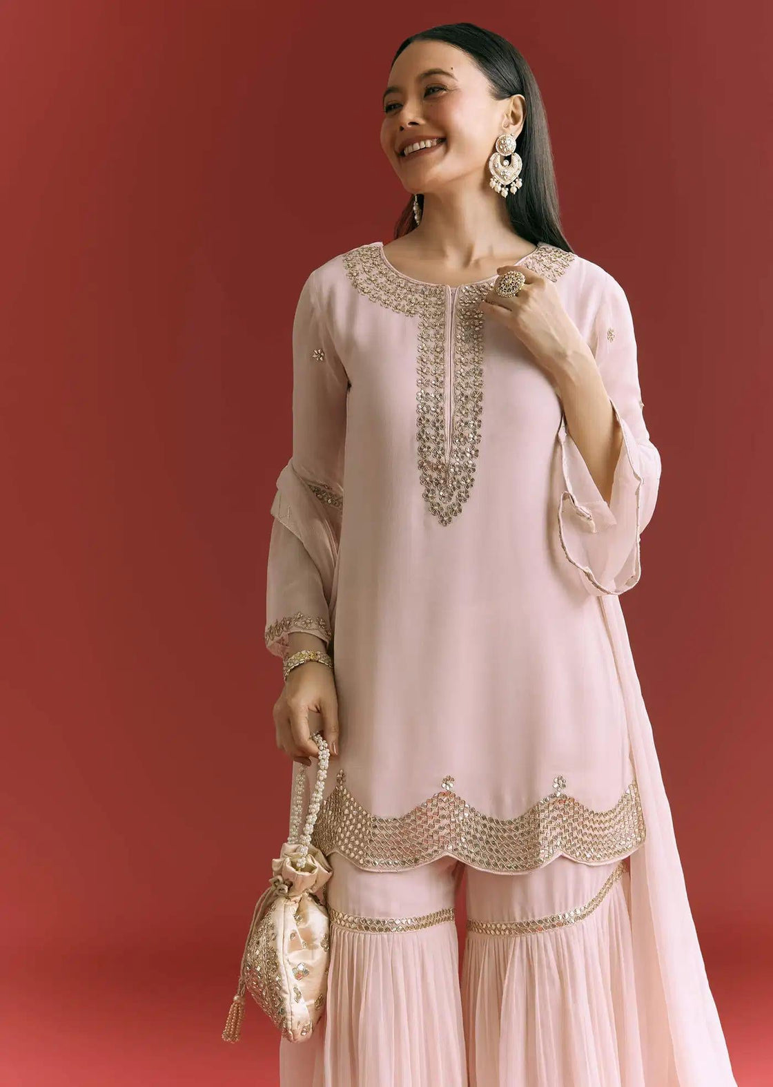 Baby Pink Georgette Tunic Sharara Trousers Outfit Featuring Moti Detailing Gotta Lace