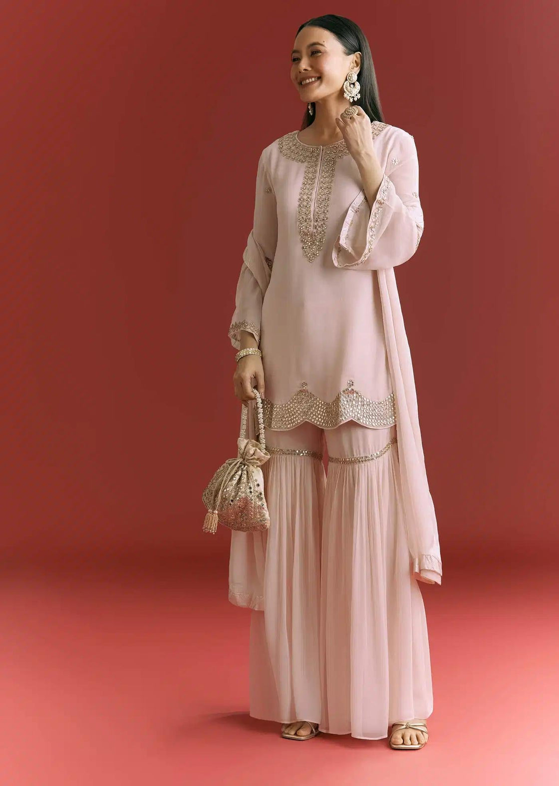 Baby Pink Georgette Tunic Sharara Trousers Outfit Featuring Moti Detailing Gotta Lace