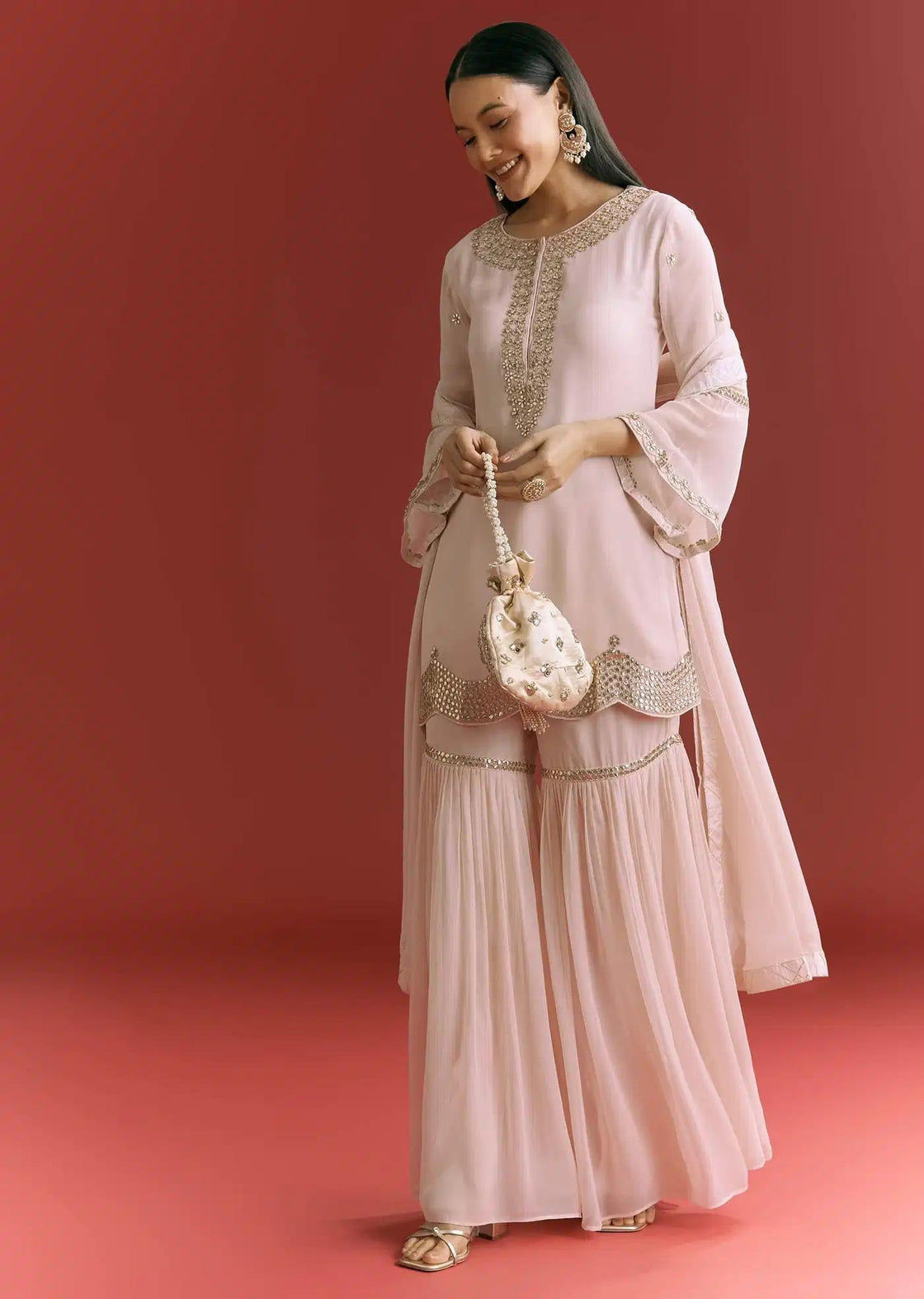 Baby Pink Georgette Tunic Sharara Trousers Outfit Featuring Moti Detailing Gotta Lace