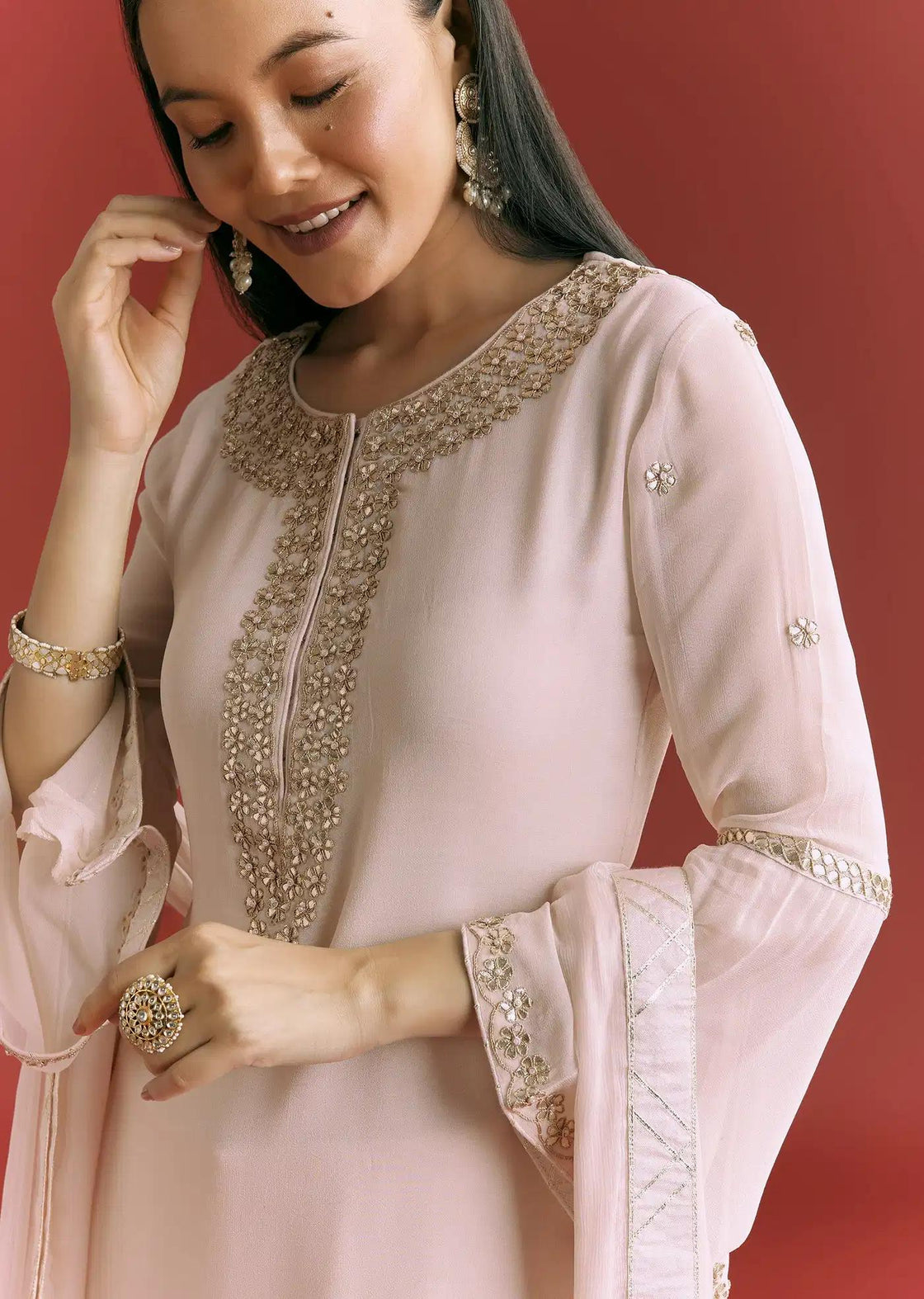 Baby Pink Georgette Tunic Sharara Trousers Outfit Featuring Moti Detailing Gotta Lace