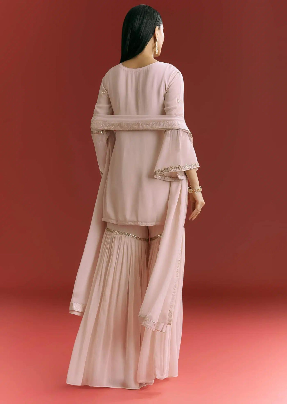 Baby Pink Georgette Tunic Sharara Trousers Outfit Featuring Moti Detailing Gotta Lace