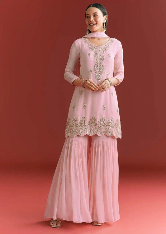 Baby Pink Georgette Tunic Sharara Trousers Outfit Featuring Organza Drape Moti Detailing
